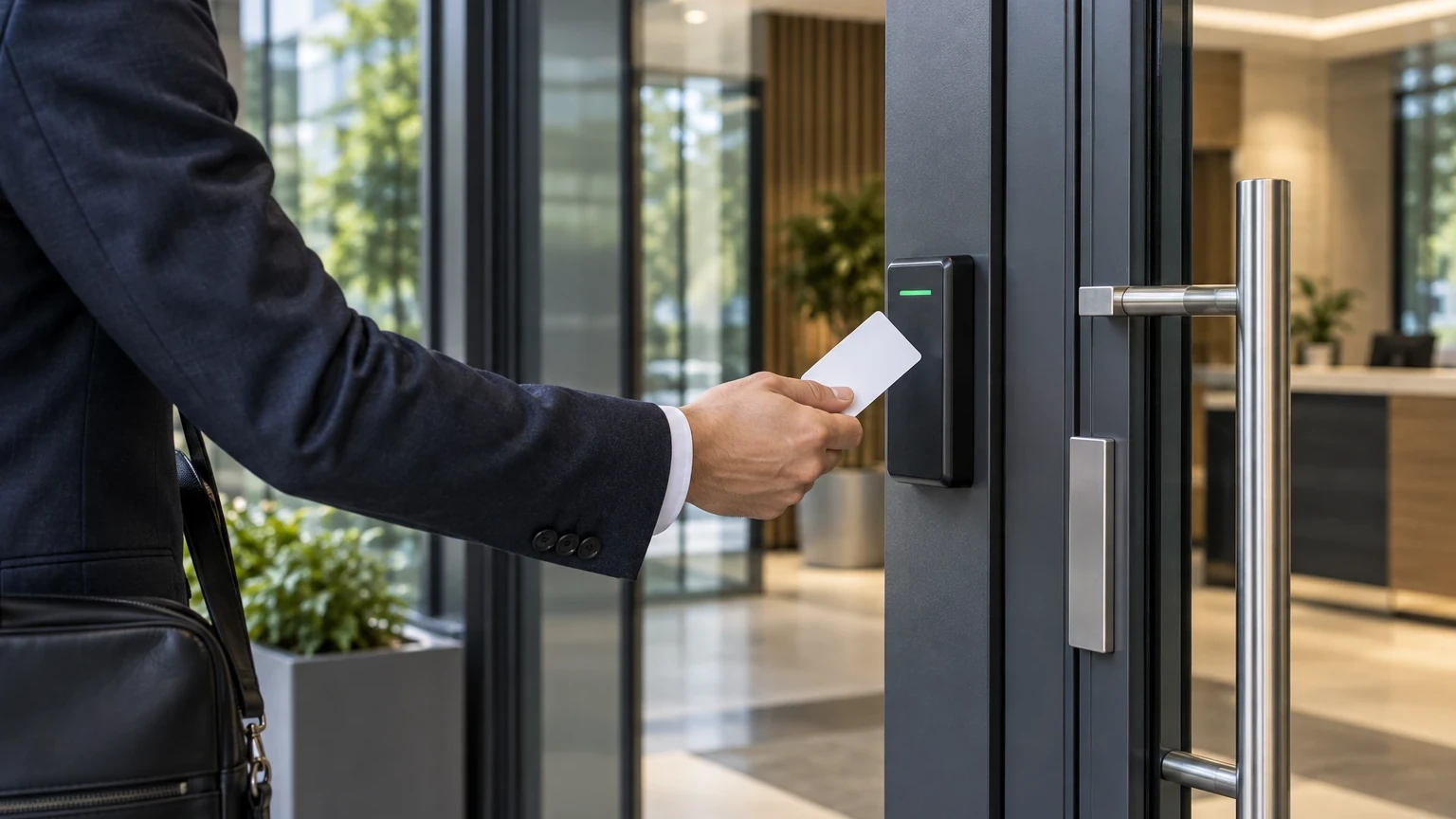Person presenting an access card to a wall-mounted reader beside a secured glass office entrance.