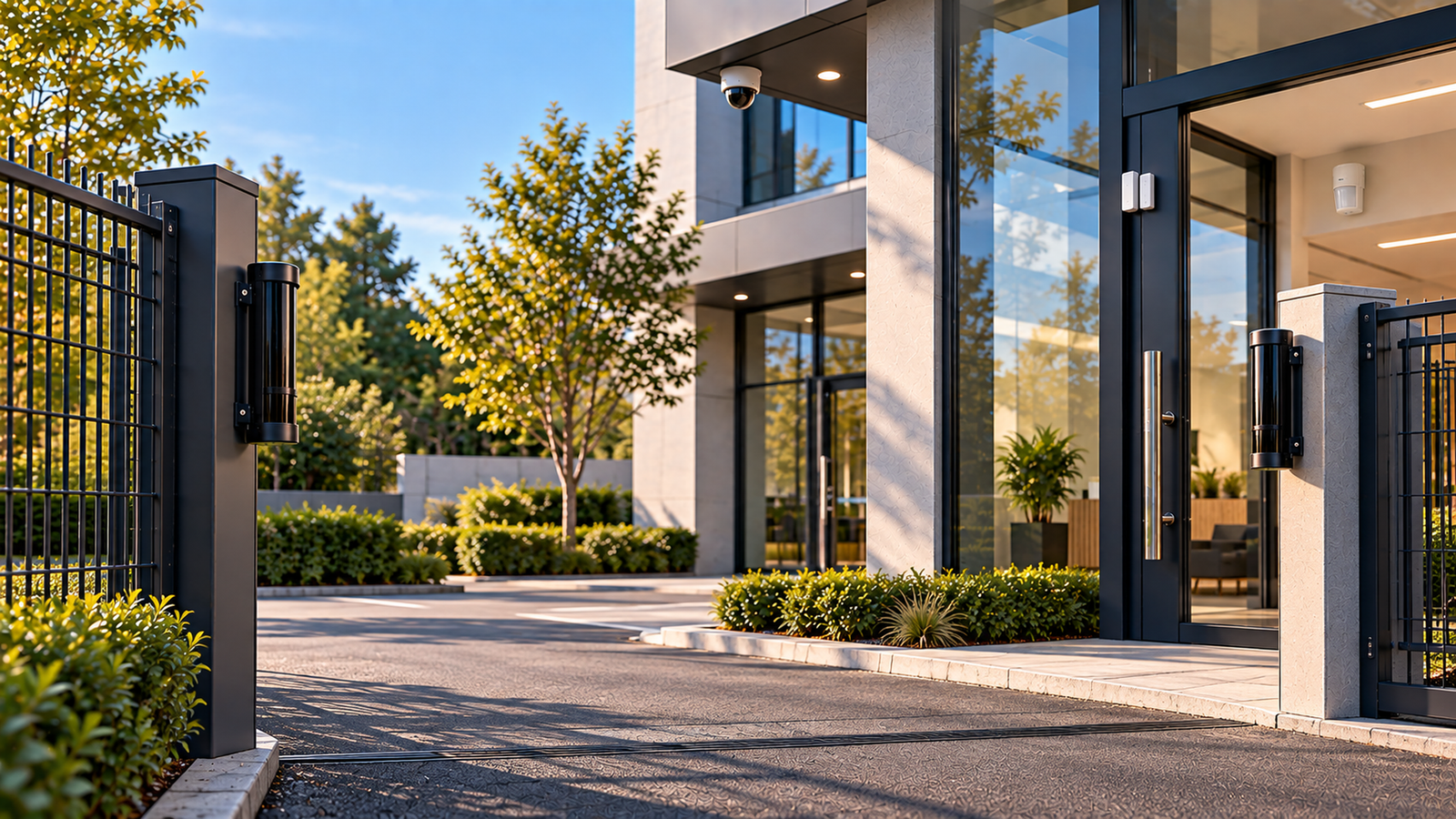 Illustrative commercial building entrance with a boundary fence, an exterior surveillance camera and a controlled doorway.