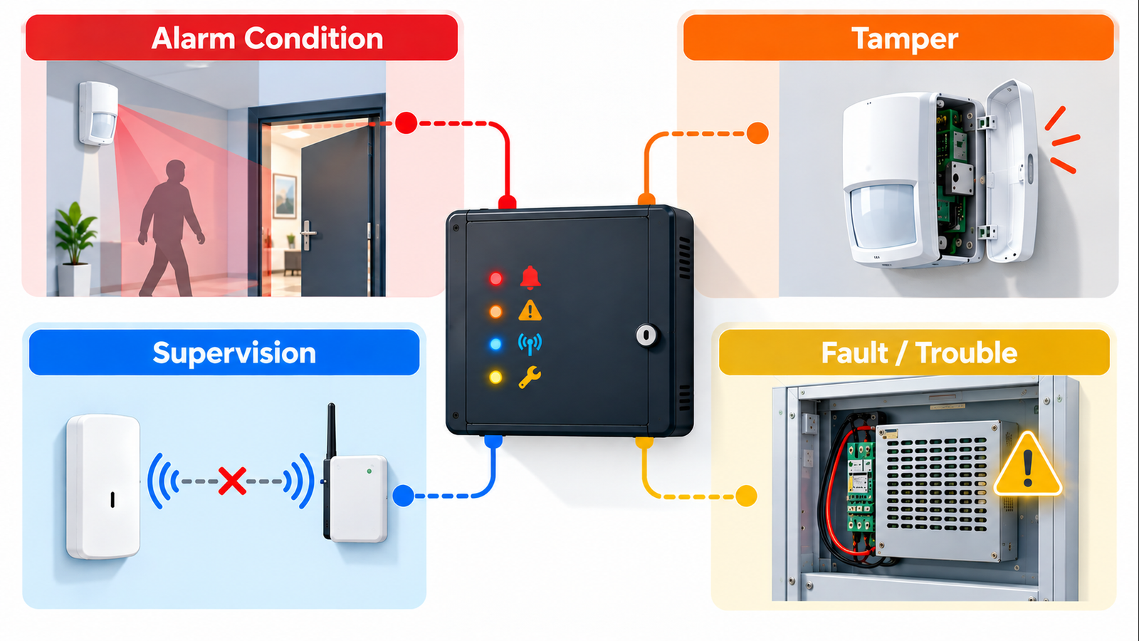 Conceptual alarm panel connected to four separately labeled conditions: intrusion alarm, equipment tamper, supervision loss, and system fault or trouble.
