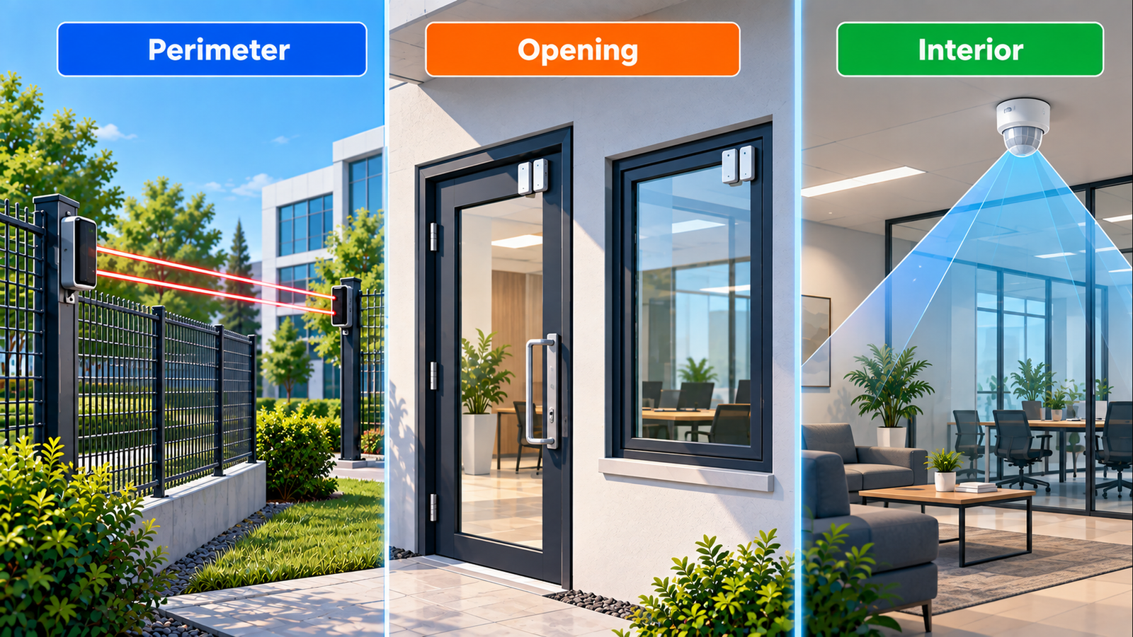 Three conceptual intrusion detection layers: perimeter detection along a fence, opening sensors at an entrance and window, and interior motion detection inside a building.