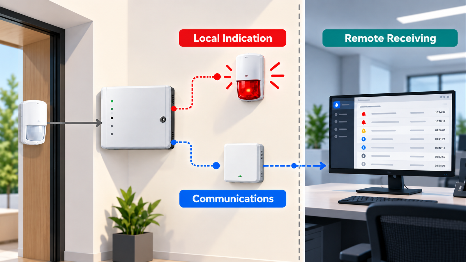 Intrusion alarm controller showing separate paths to a local sounder and to communications equipment serving a remote receiving workstation.