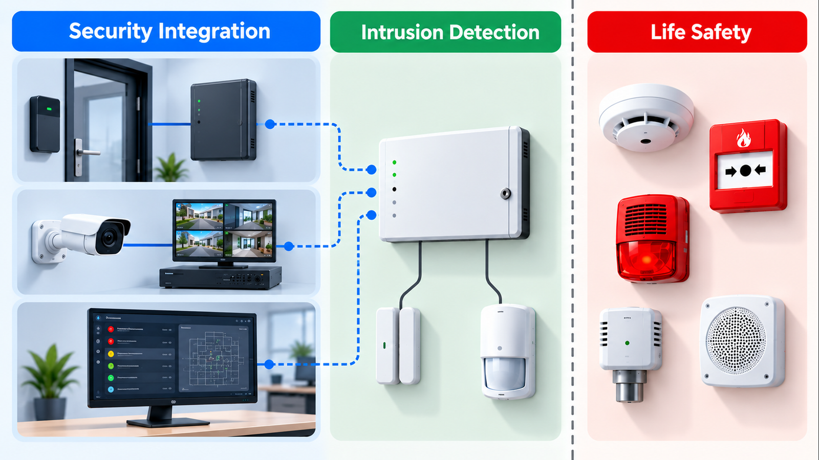 Three-part conceptual illustration separating integrated building security systems, intrusion detection equipment and life-safety systems.