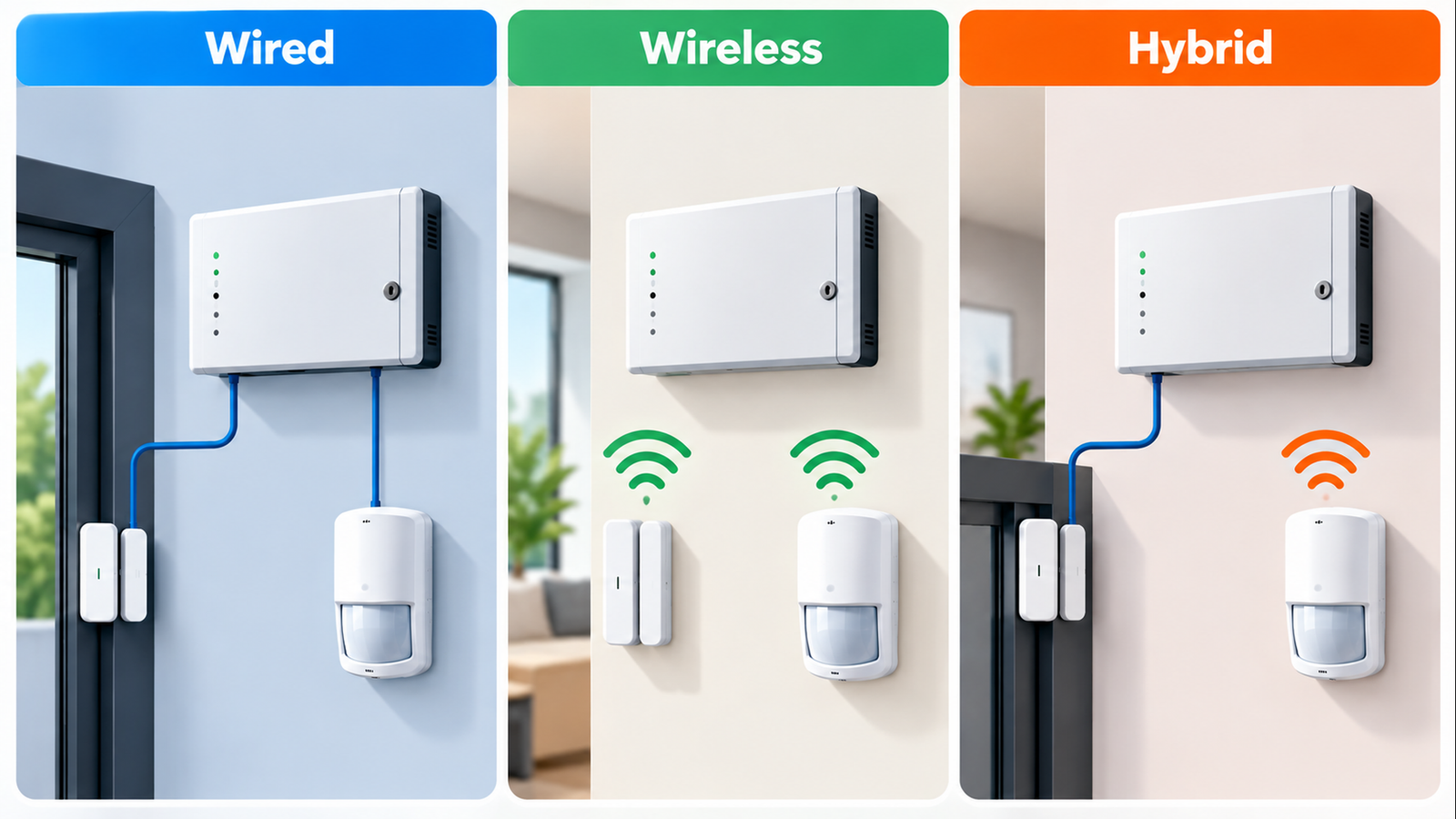 Side-by-side alarm system illustrations labeled Wired, Wireless and Hybrid, showing cabled connections, radio connections and a combination of both.