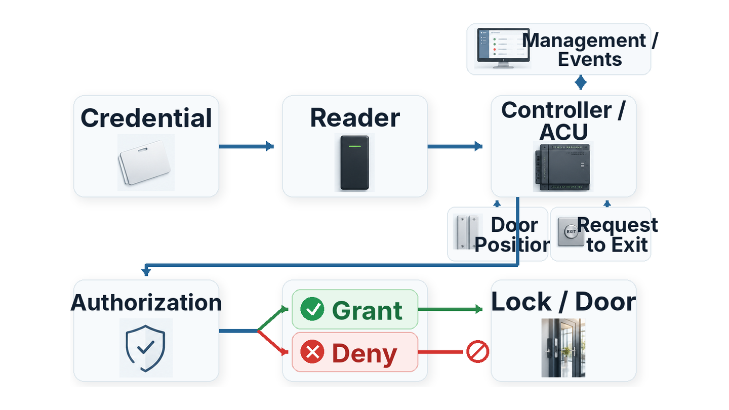 Access control transaction from credential and reader through controller authorization to grant or deny, with door inputs and management events.