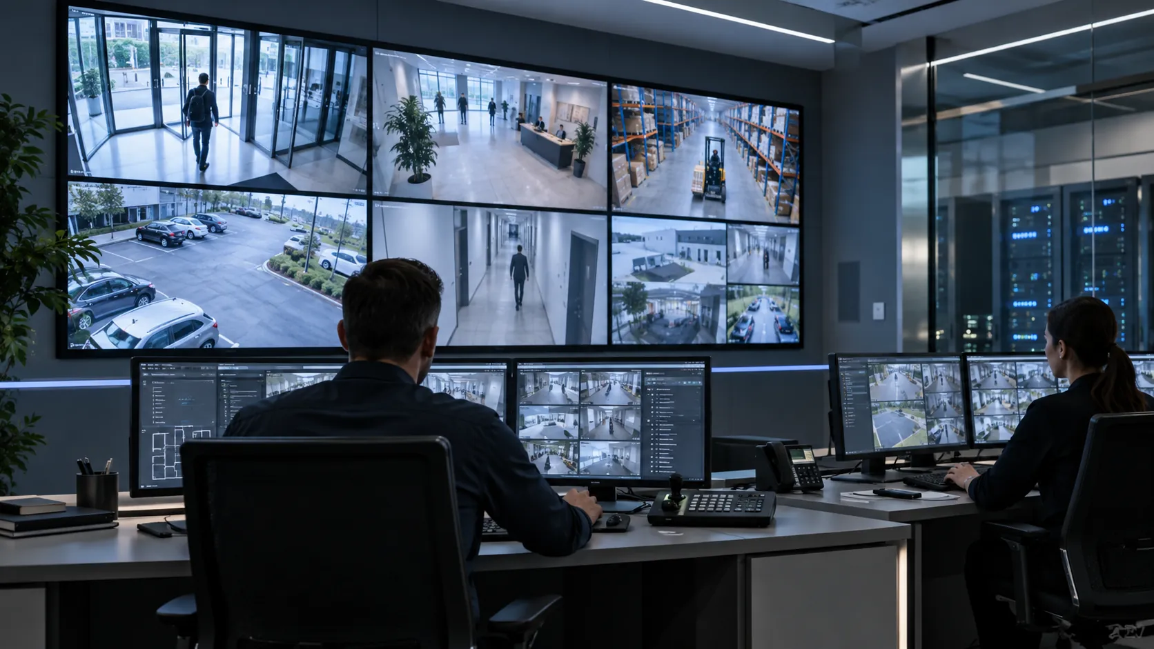Video surveillance control room with operators monitoring multiple camera feeds.